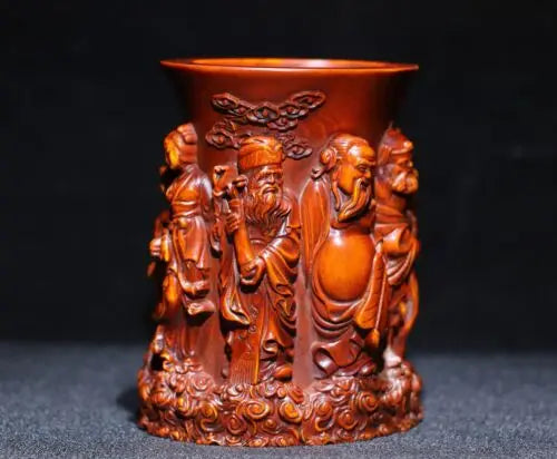 3.9" Collect China Box-Wood Hand Carving The Eight Immortals Brush Pot Staue