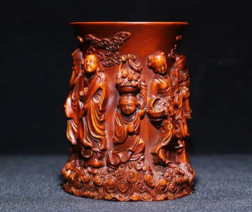 3.9" Collect China Box-Wood Hand Carving The Eight Immortals Brush Pot Staue