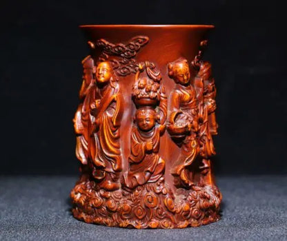 3.9" Collect China Box-Wood Hand Carving The Eight Immortals Brush Pot Staue