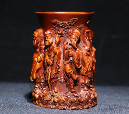 3.9" Collect China Box-Wood Hand Carving The Eight Immortals Brush Pot Staue