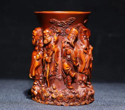 3.9" Collect China Box-Wood Hand Carving The Eight Immortals Brush Pot Staue