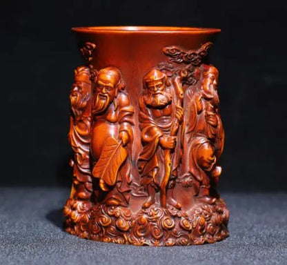 3.9" Collect China Box-Wood Hand Carving The Eight Immortals Brush Pot Staue