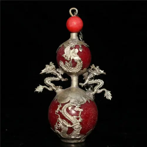 3.94" Chinese Tibetan silver Dragon Phoenix inlay jade Hand-made Snuff bottle