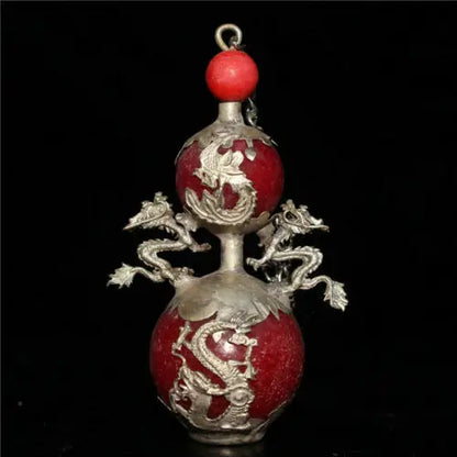 3.94" Chinese Tibetan silver Dragon Phoenix inlay jade Hand-made Snuff bottle