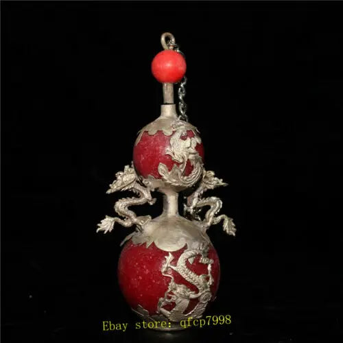 3.94" Chinese Tibetan silver Dragon Phoenix inlay jade Hand-made Snuff bottle