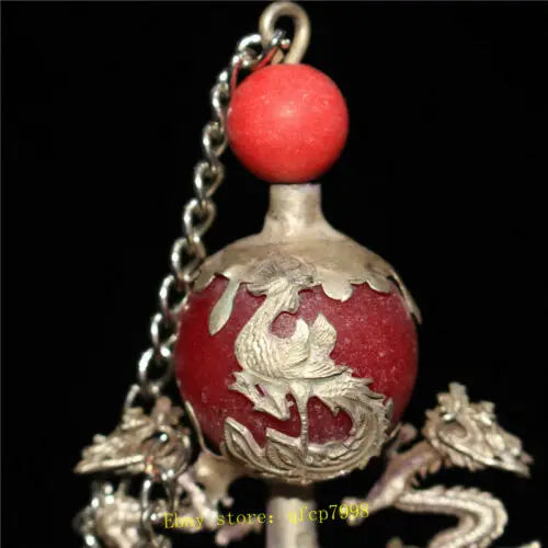 3.94" Chinese Tibetan silver Dragon Phoenix inlay jade Hand-made Snuff bottle