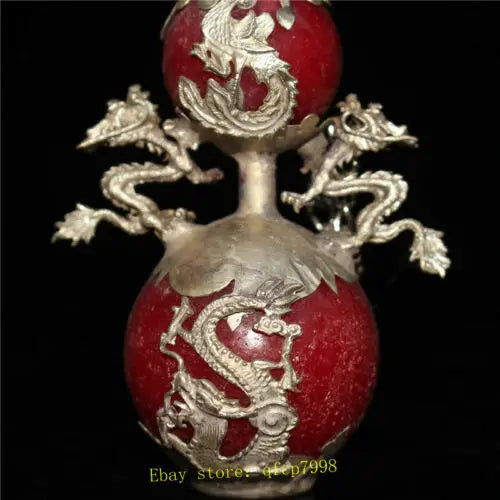 3.94" Chinese Tibetan silver Dragon Phoenix inlay jade Hand-made Snuff bottle