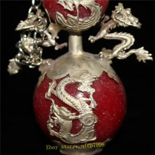 3.94" Chinese Tibetan silver Dragon Phoenix inlay jade Hand-made Snuff bottle