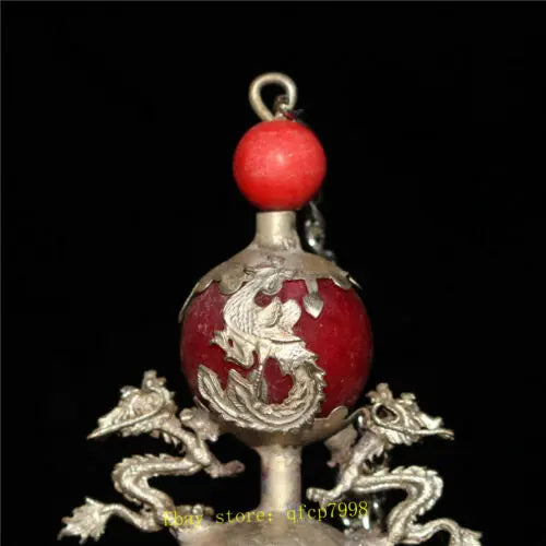 3.94" Chinese Tibetan silver Dragon Phoenix inlay jade Hand-made Snuff bottle
