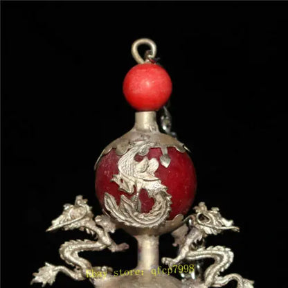 3.94" Chinese Tibetan silver Dragon Phoenix inlay jade Hand-made Snuff bottle