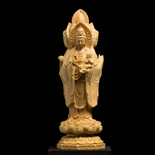 3 Faces Kuanyin Buddha Statue Desk Ornaments Crafts Wood Carving Home Decor Thailand Religion