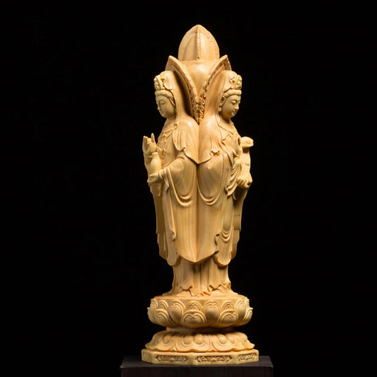 3 Faces Kuanyin Buddha Statue Desk Ornaments Crafts Wood Carving Home Decor Thailand Religion