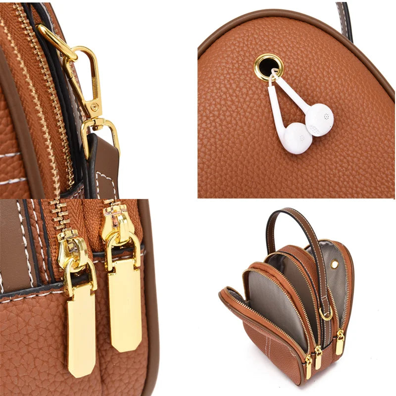 3 Layers Large Capacity Genuine Leather Handbag Mobile Phone Bag and purse Solid Color Cow Leather Women Shoulder Crossbody Bags
