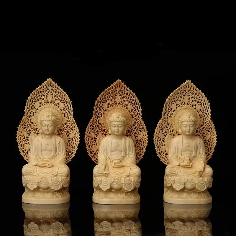 3 Pc/ Set High Quality Shakyamuni Solid Boxwood Wood Statue Handmade Carving Sculpture Home Decor