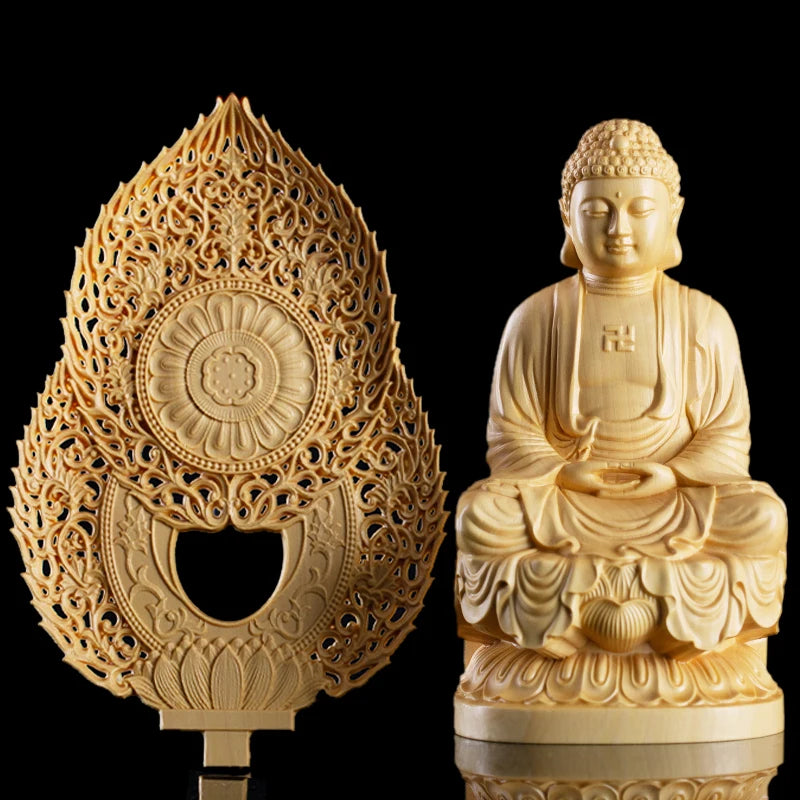 3 Pc/ Set High Quality Shakyamuni Solid Wood Statue Handmade Carving Sculpture Home Decor