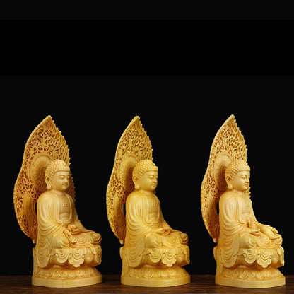 3 Pc/ Set High Quality Shakyamuni Solid Wood Statue Handmade Carving Sculpture Home Decor