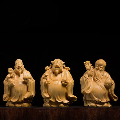 3 Stars Fu Lu Shou Lucky Buddha Statue Wood Carving 24k Home Decoration Crafts Car Decor