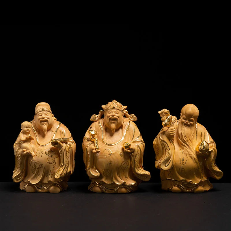 3 Stars Fu Lu Shou Lucky Buddha Statue Wood Carving 24k Home Decoration Crafts Car Decor