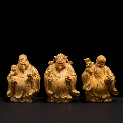 3 Stars Fu Lu Shou Lucky Buddha Statue Wood Carving 24k Home Decoration Crafts Car Decor