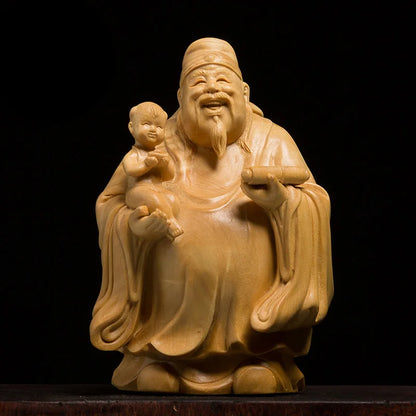 3 Stars Fu Lu Shou Lucky Buddha Statue Wood Carving 24k Home Decoration Crafts Car Decor