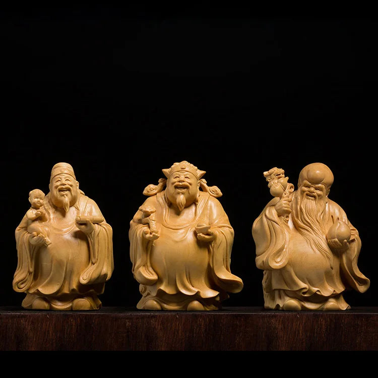 3 Stars Fu Lu Shou Lucky Buddha Statue Wood Carving 24k Home Decoration Crafts Car Decor