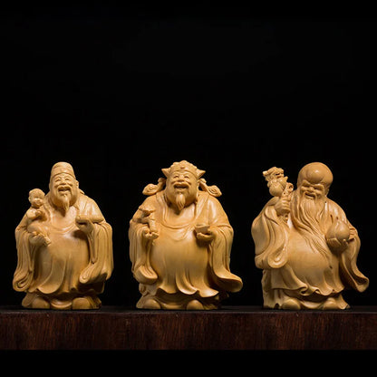 3 Stars Fu Lu Shou Lucky Buddha Statue Wood Carving 24k Home Decoration Crafts Car Decor
