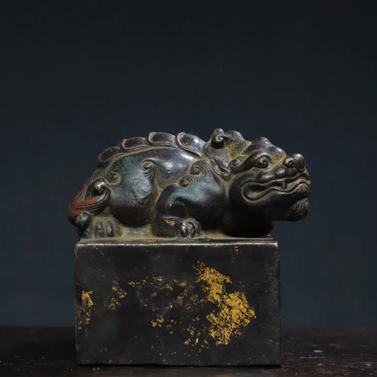 3"Tibet Temple Collection Old Bronze Cinnabar Gilding Brave Troops Divine Beast Statue Unicorn Seal Copywriting decoration