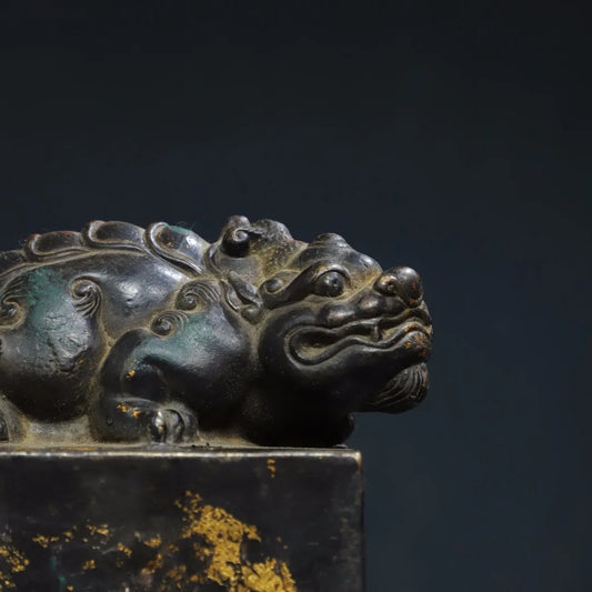 3"Tibet Temple Collection Old Bronze Cinnabar Gilding Brave Troops Divine Beast Statue Unicorn Seal Copywriting decoration