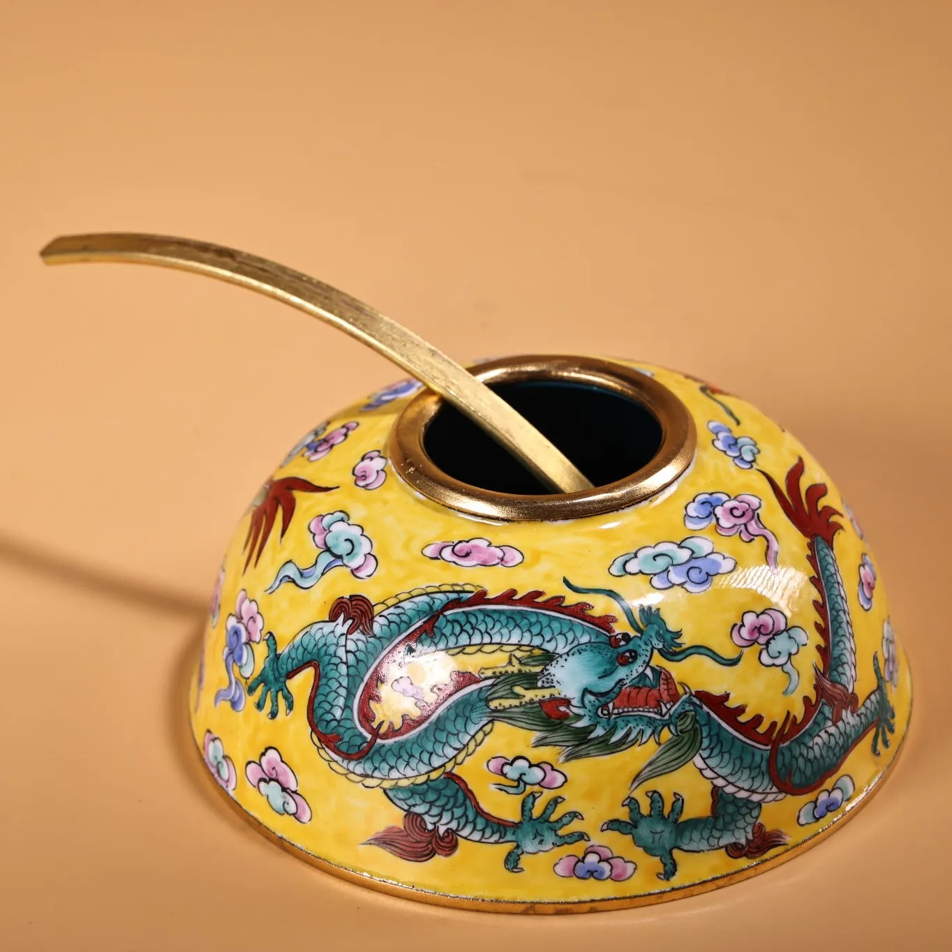 3"Tibet Temple Collection Old Bronze Cloisonne Enamel Dragon Texture calligraphy Study washing writing-brush washer Town house