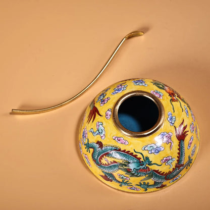 3"Tibet Temple Collection Old Bronze Cloisonne Enamel Dragon Texture calligraphy Study washing writing-brush washer Town house