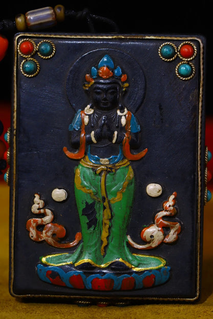 3"Tibet Temple Collection Old Natural horns Filigree mosaic Gem Dzi Bead Guanyin Bodhisattva Buddha Amulet Pendant Town House