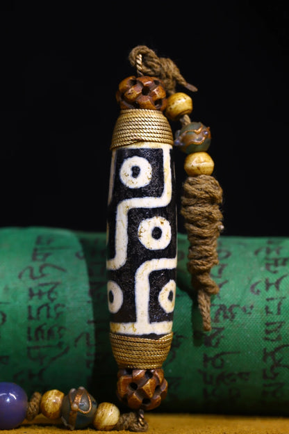 3"Tibetan Temple Collection Old Natural Agate filigree Mosaic Gem Dzi Beads nine eyeballs Amulet pendant Town house Exorcism