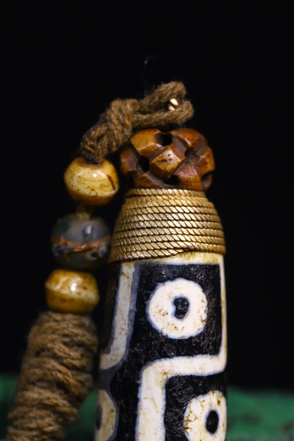 3"Tibetan Temple Collection Old Natural Agate filigree Mosaic Gem Dzi Beads nine eyeballs Amulet pendant Town house Exorcism