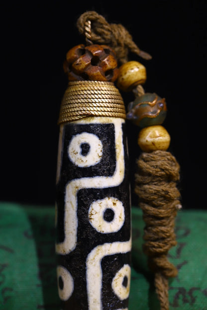 3"Tibetan Temple Collection Old Natural Agate filigree Mosaic Gem Dzi Beads nine eyeballs Amulet pendant Town house Exorcism