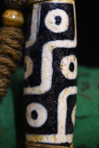3"Tibetan Temple Collection Old Natural Agate filigree Mosaic Gem Dzi Beads nine eyeballs Amulet pendant Town house Exorcism