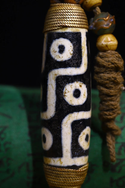 3"Tibetan Temple Collection Old Natural Agate filigree Mosaic Gem Dzi Beads nine eyeballs Amulet pendant Town house Exorcism