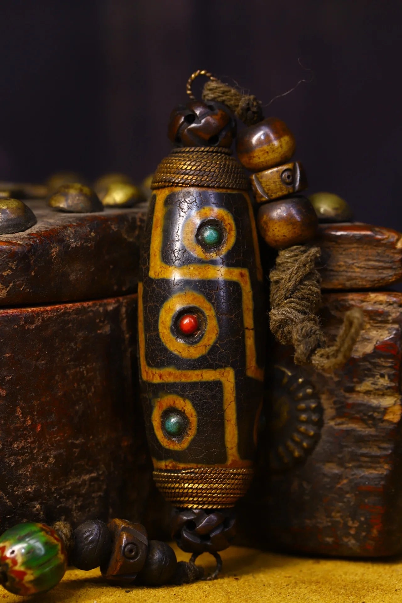 3"Tibetan Temple Old Natural agate gZi Beads mosaic Gem Filigree Three eyes Dzi Bead Pendant Amulet Dharma Town House Exorcism
