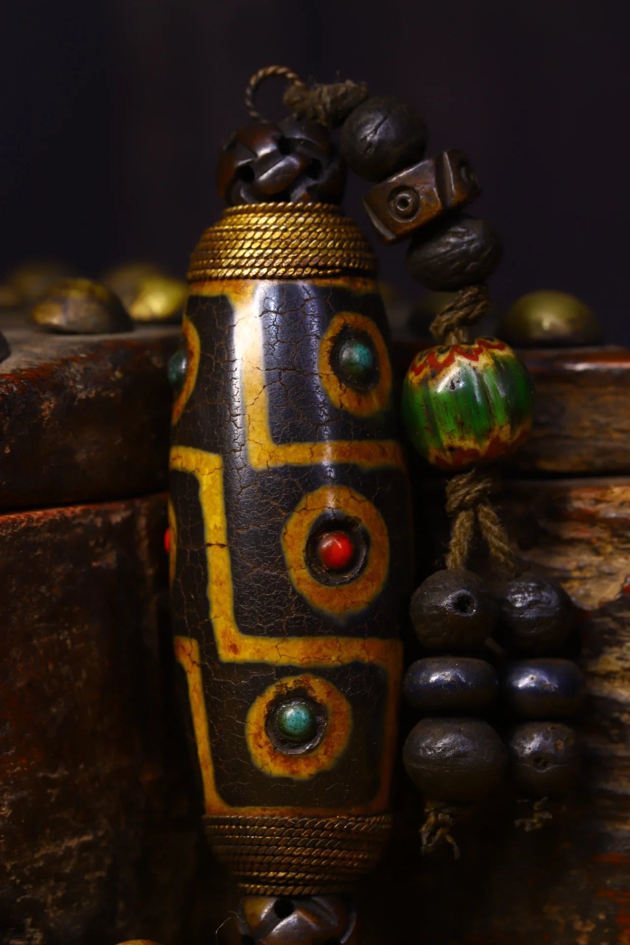 3"Tibetan Temple Old Natural agate gZi Beads mosaic Gem Filigree Three eyes Dzi Bead Pendant Amulet Dharma Town House Exorcism