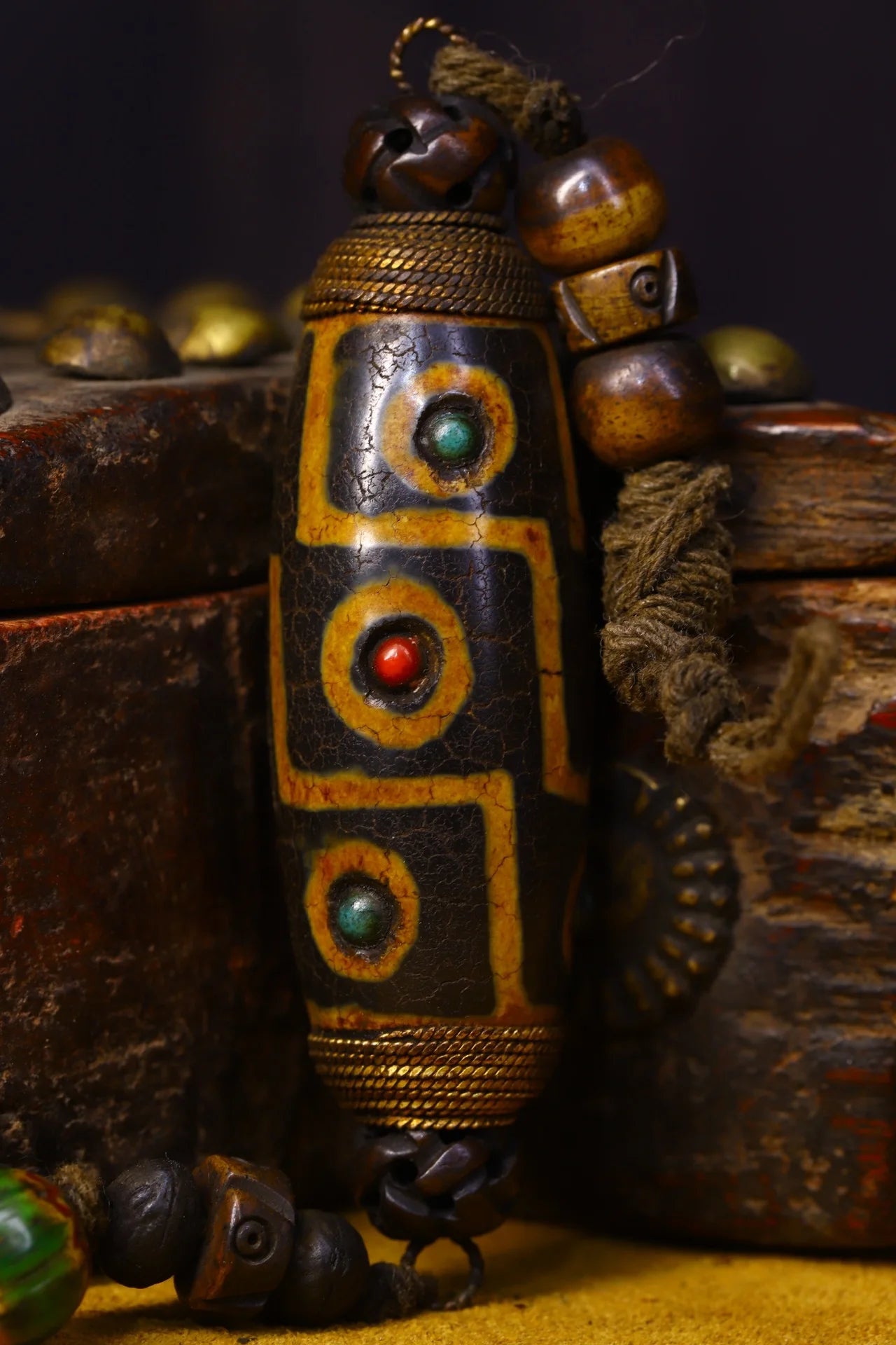 3"Tibetan Temple Old Natural agate gZi Beads mosaic Gem Filigree Three eyes Dzi Bead Pendant Amulet Dharma Town House Exorcism