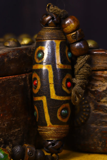3"Tibetan Temple Old Natural agate gZi Beads mosaic Gem Filigree Three eyes Dzi Bead Pendant Amulet Dharma Town House Exorcism