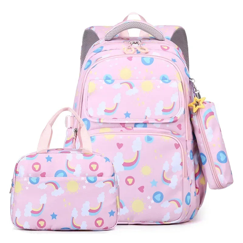 3-piece Girls Backpack Kids School Bookbag Set for Teen Girls Elementary Students Casual Back Pack with Lunch Box Pencil Case