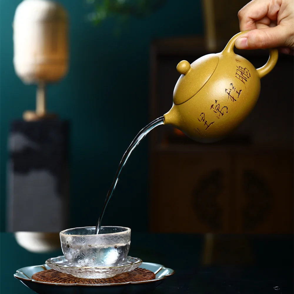 300cc Yixing Purple Clay Teapot Handmade  Xishi Tea Pot Raw Ore Gold Section Mud Kettle Chinese Zisha Tea Set