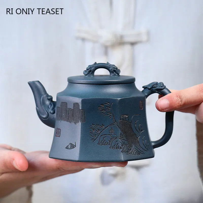 300ml Chinese Yixing Purple Clay Teapots Famous Handmade Large Capacity Tea Pot Raw Ore Green Mud Kettle Zisha Tea Set Teaware