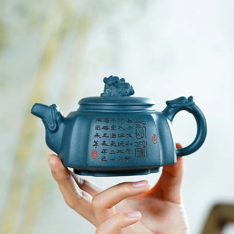 300ml Yixing Purple Clay Teapots Handmade Large Capacity Hexagonal Shape Tea Pot Raw Ore Azure Mud Kettle Chinese Zisha Tea Set