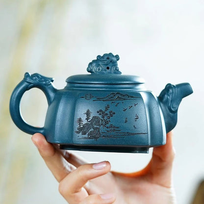 300ml Yixing Purple Clay Teapots Handmade Large Capacity Hexagonal Shape Tea Pot Raw Ore Azure Mud Kettle Chinese Zisha Tea Set