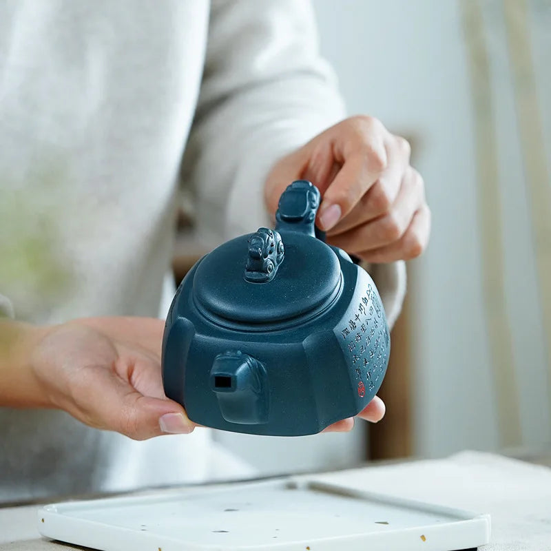 300ml Yixing Purple Clay Teapots Handmade Large Capacity Hexagonal Shape Tea Pot Raw Ore Azure Mud Kettle Chinese Zisha Tea Set