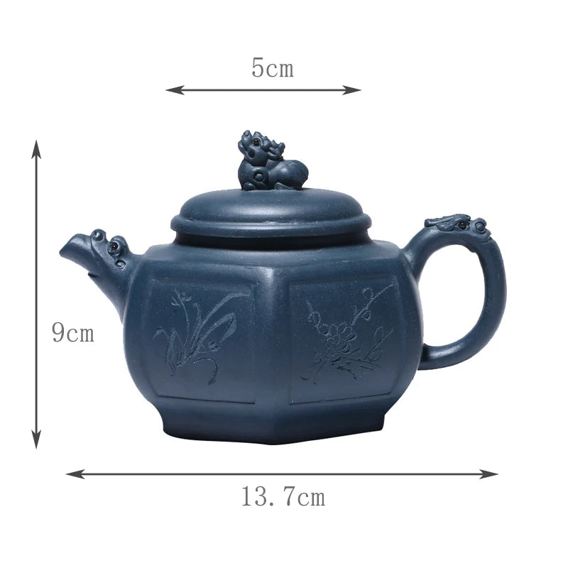 300ml Yixing Purple Clay Teapots Handmade Large Capacity Hexagonal Shape Tea Pot Raw Ore Azure Mud Kettle Chinese Zisha Tea Set