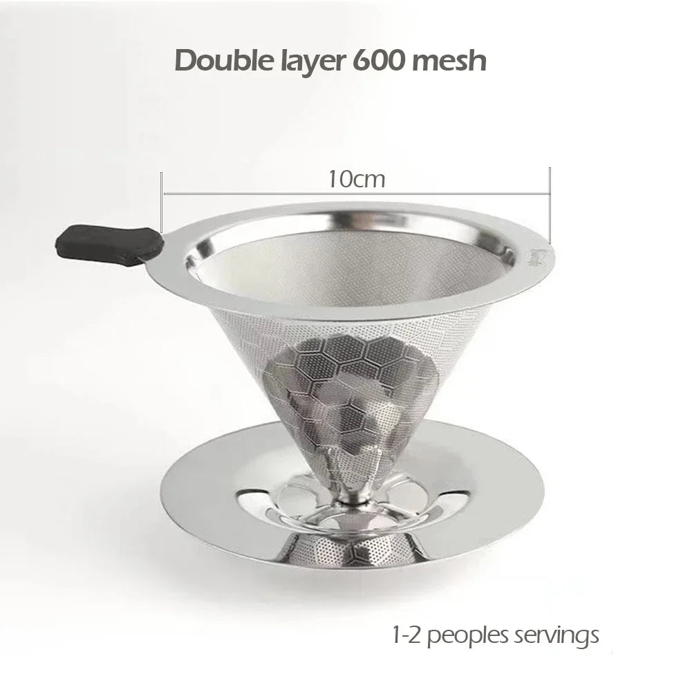 304 Stainless Steel Coffee Filter 600 Mesh Double-Layer Honeycomb Filter Bowl With Base Filter-Free Paper Coffee Strainer