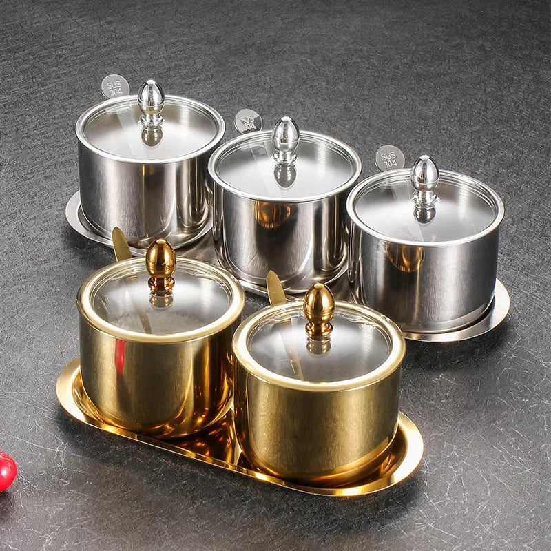 304 Stainless Steel Seasoning Pot Spice Canister Set with Transparent Glass Lid Salt Jars Organization Kitchen Container Set