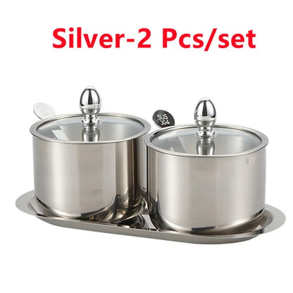 304 Stainless Steel Seasoning Pot Spice Canister Set with Transparent Glass Lid Salt Jars Organization Kitchen Container Set